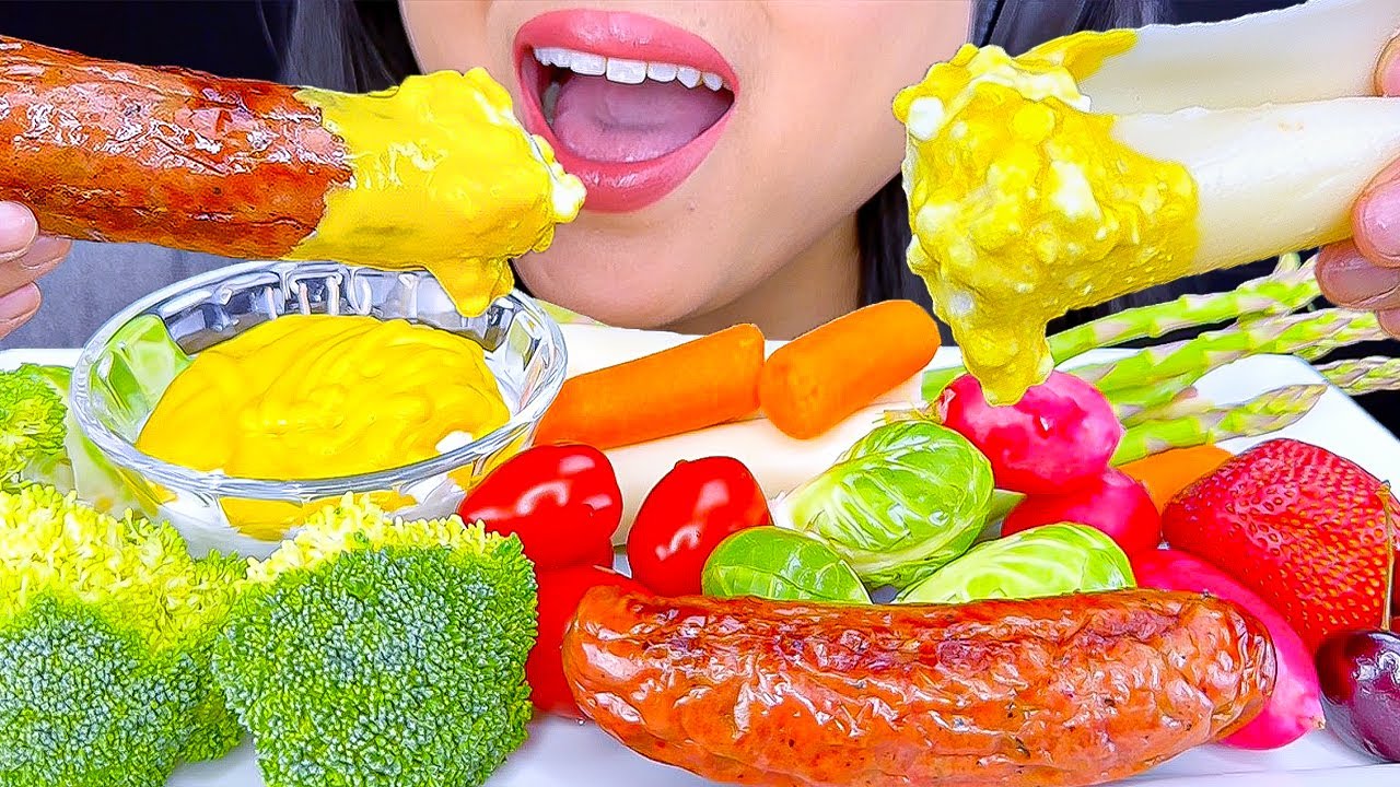 Asmr Mukbang | Sausage & Veggies DIPPED in Cottage Cheese Mustard Sauce | Eating Sounds | ASMR Phan