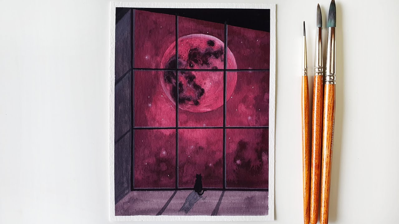 Red Moon in the Night Sky Painting with Poster Color