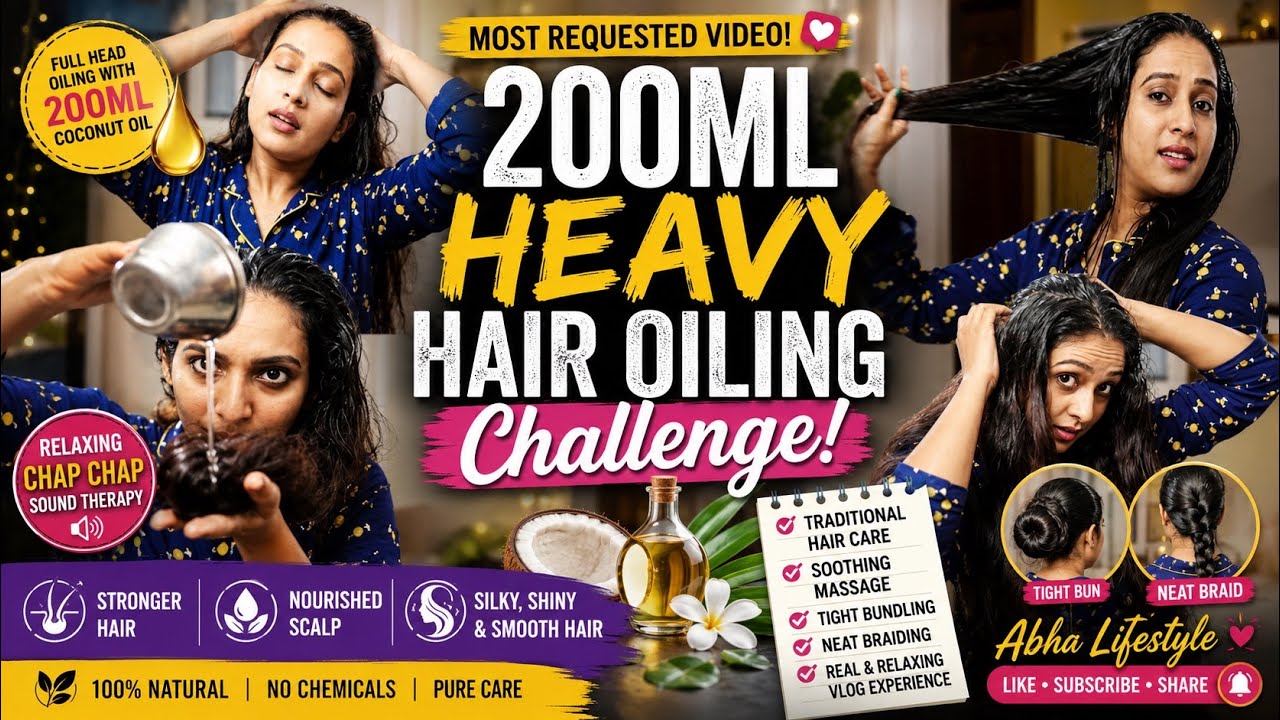 200ML Heavy Hair Oiling Challenge | Hair Bund, Braid & Head Massage | #AbhaLifestyle