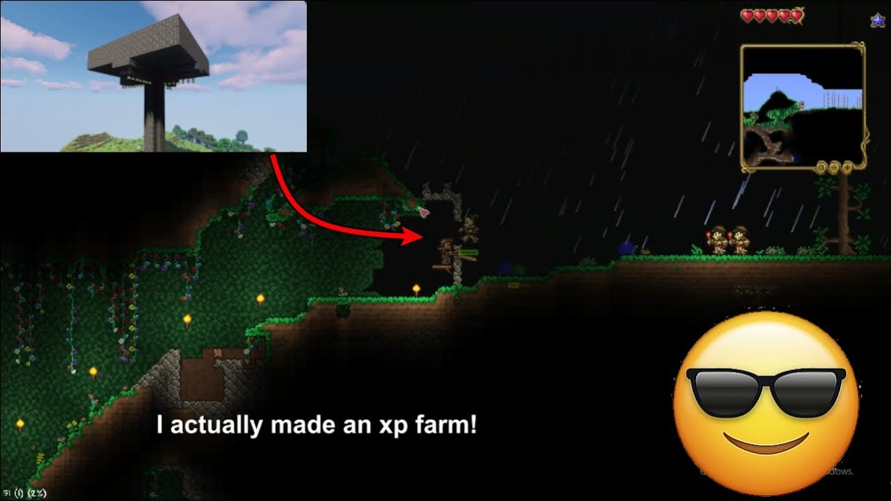 I made an xp farm in Terraria even tho there is no xp XD | Playing Terraria for the FIRST TIME pt-2