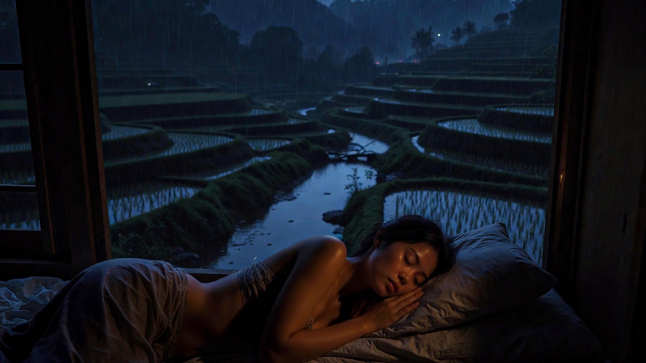 Sleep Aid Heavy Rain & Flowing Water Sounds from a Cozy Hut