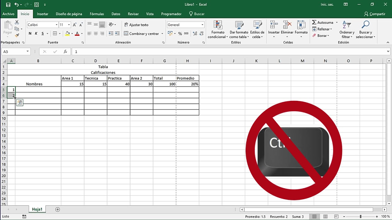 Tabla de calificaciones en Microsoft Excel