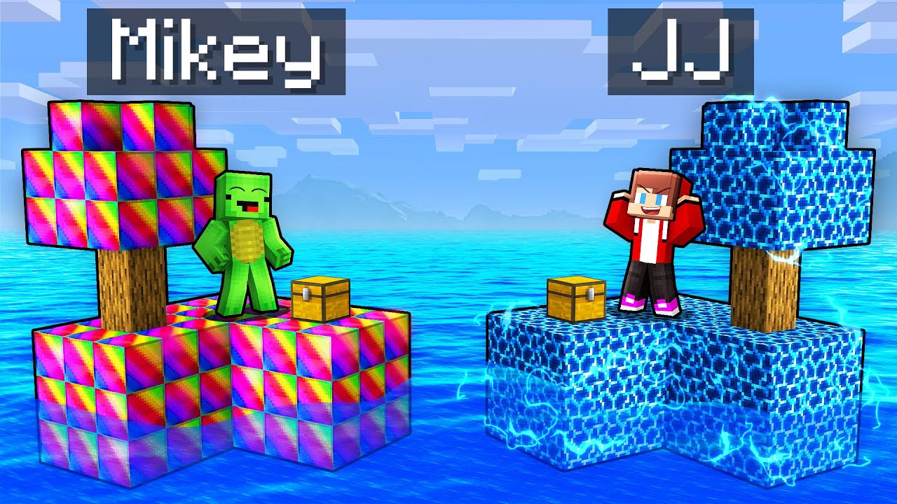 Mikey RAINBOW vs JJ STORM Sea Block Survival Battle in Minecraft (Maizen)