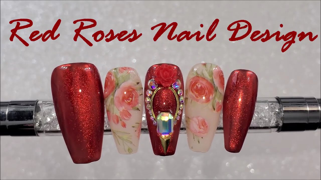 Red Chrome and Roses Nail Design | Easy Floral Red Nails | Nail Art Ideas | DIY press on nails