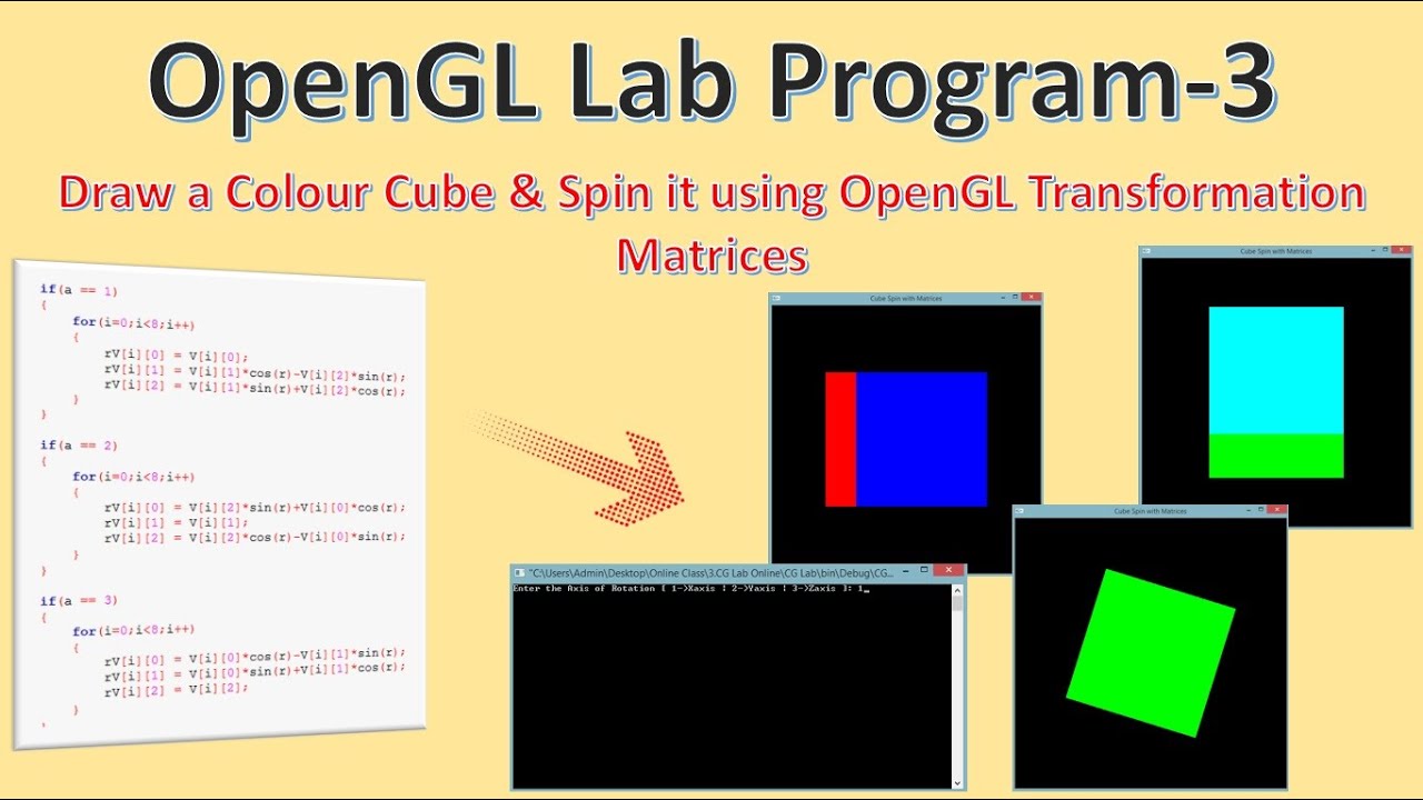 Draw Color Cube & Spin It Using Transformation Matrices | CG Lab Program – 3 | OpenGL Programming