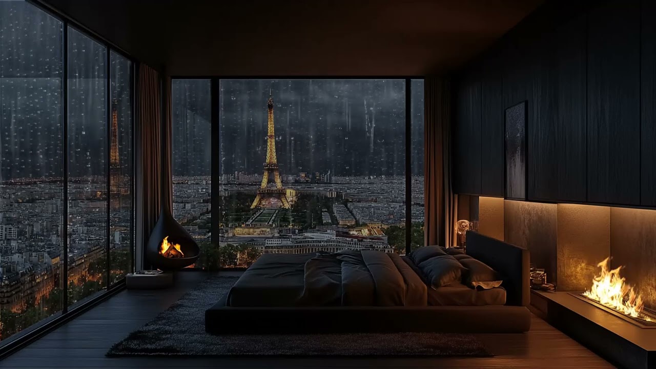 Rain on the Window and Warm Fireplace in a Room City for Deep Sleep and Relaxation