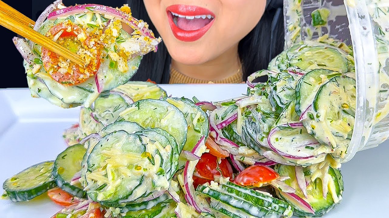 CREAMY CEASAR DILL CUCUMBER SALAD | ASMR | MUKBANG | EATING SOUNDS
