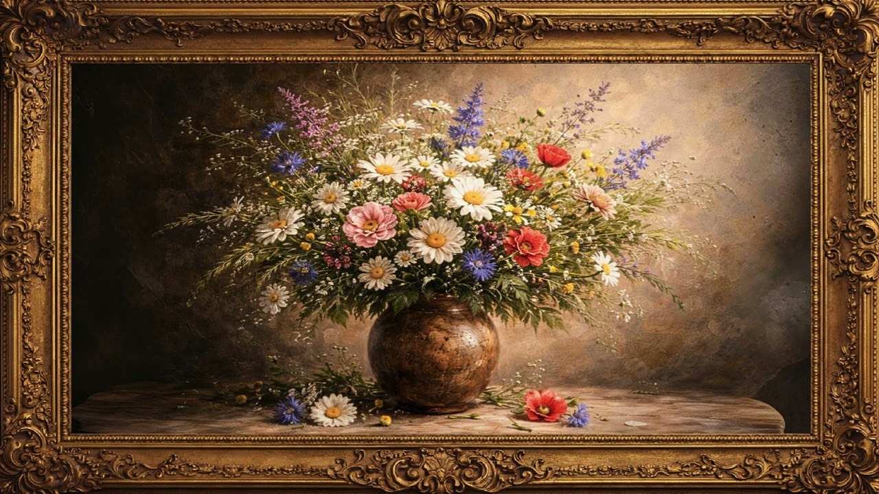 Wildflowers Oil Painting with Elegant Frame | Nature Art Background | 4K 1 Hour