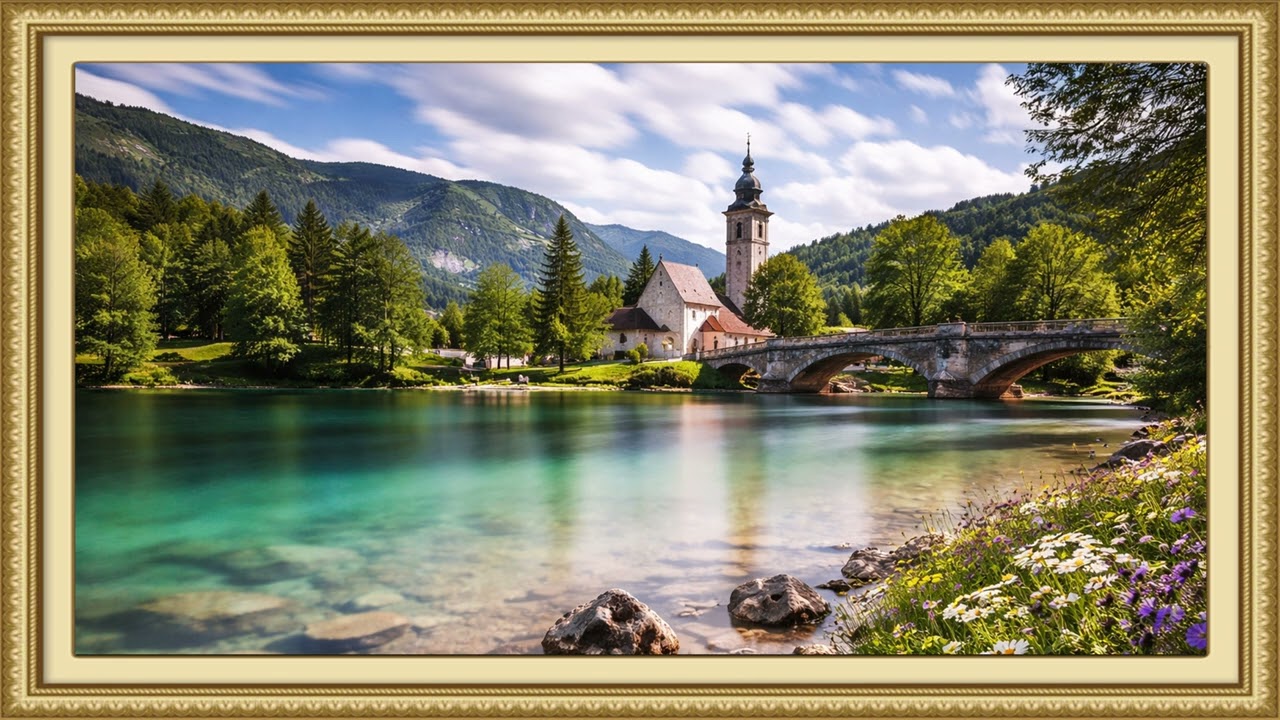 Lake With Stone Bridge and Church | Ambient Art 4k Displays