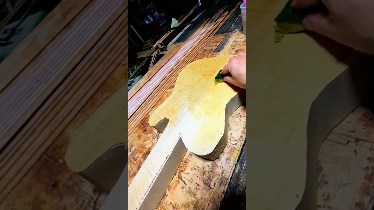 One piece fiddleback Maple tele style Rushmore custom guitar starting out. just cut out