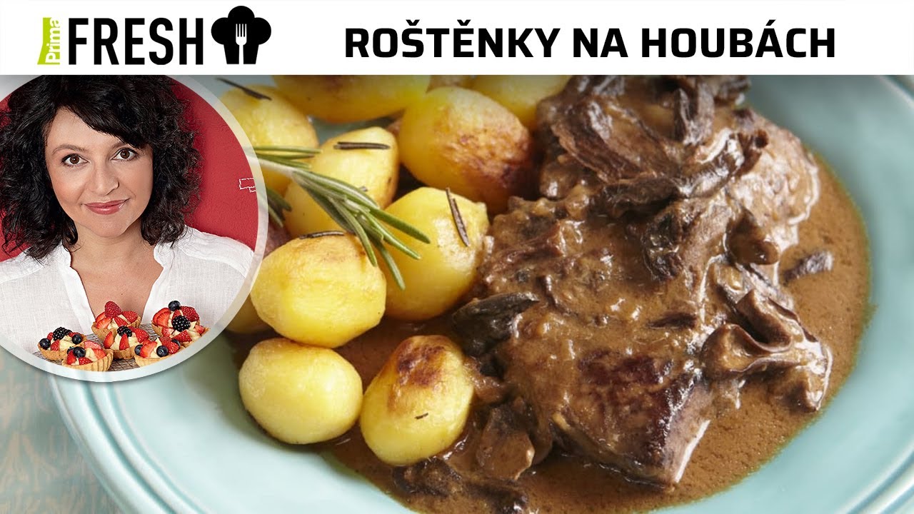 Roštěnky na houbách a hořčicí a pečené brambůrky s rozmarýnem