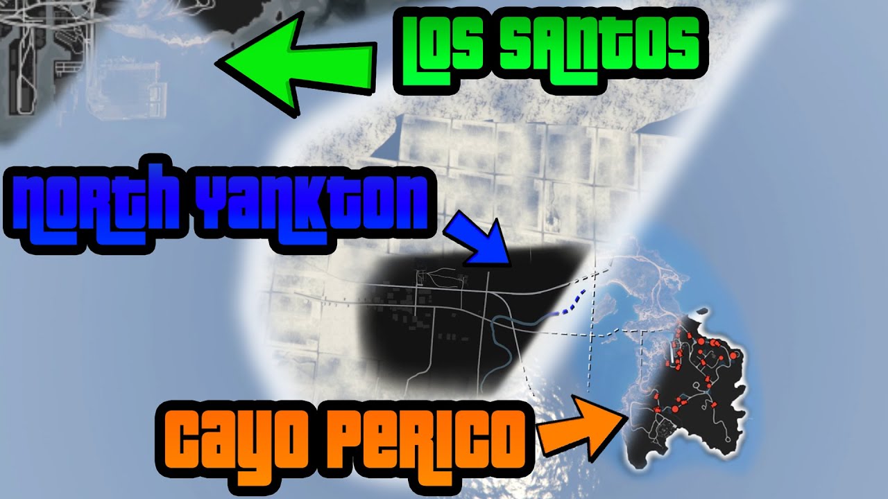 Cayo Perico, North Yankton and Los Santos maps (location and overlap)