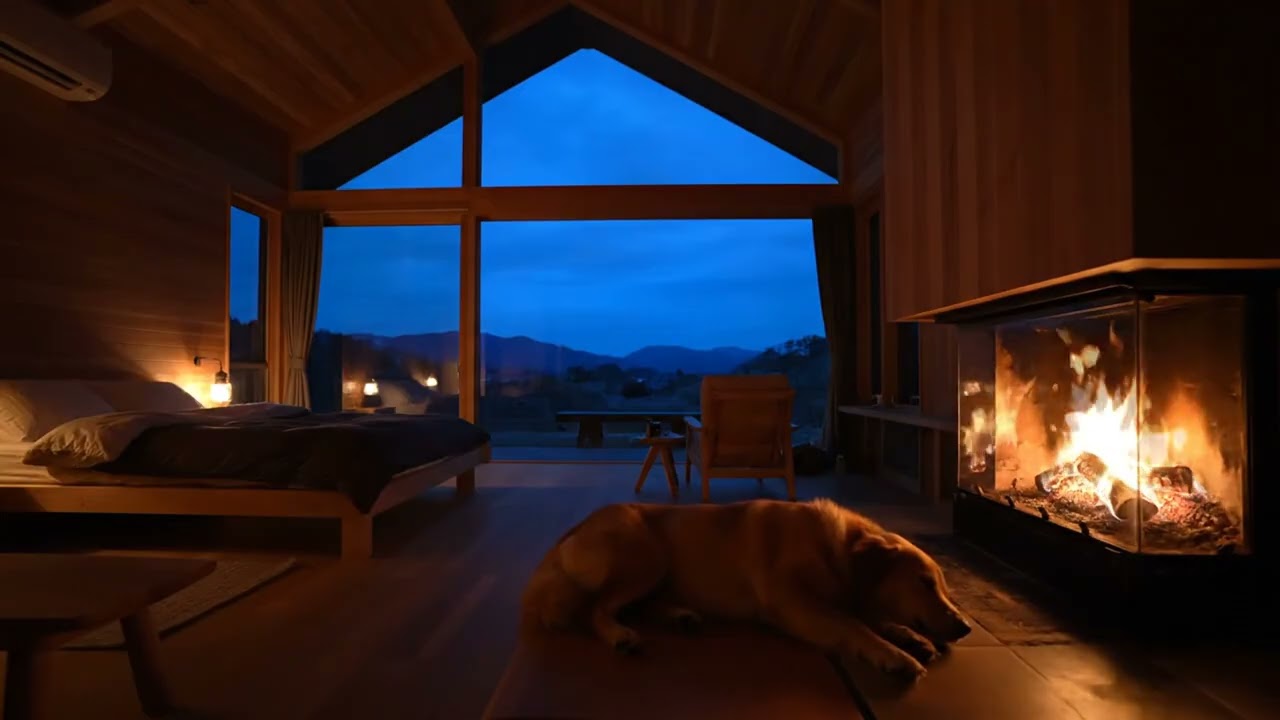 Warm Fireplace & Sleeping Dog 🐕🔥 | Cozy Night Bedroom Ambience for Relaxation