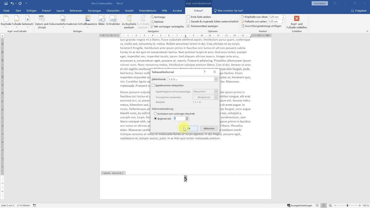 Seitenzahlen ab Seite 5 mit 1 beginnen – Word-Tutorial