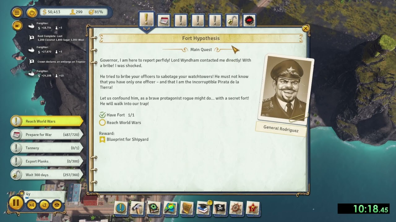 Quickest way to complete Tropico 6 - Pirate King Speedrun - Medium Difficulty in 16:55