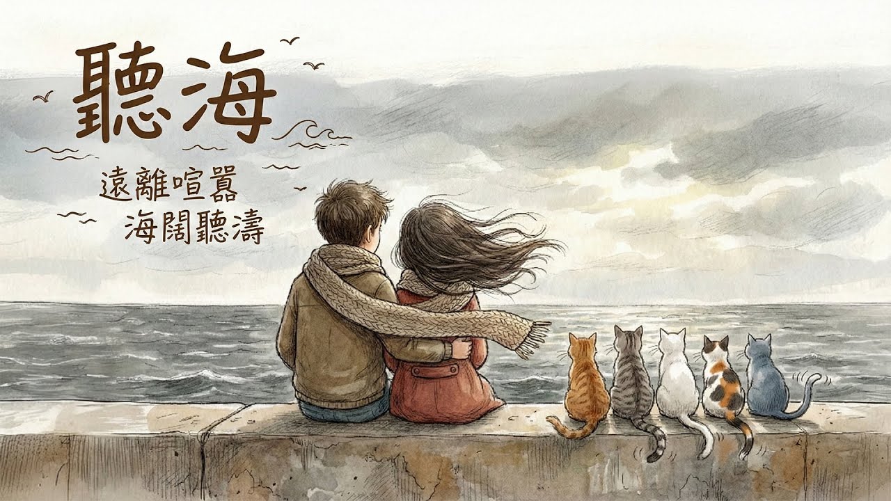 《聽海》輕柔木吉他、海浪、貓語，沉浸式療癒白噪音｜1小時與貓咪一同看海、聽海，超放鬆背景音樂