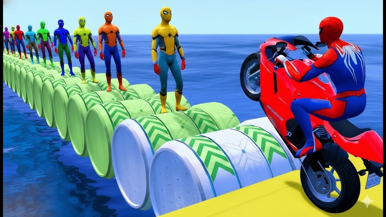 SPIDER MAN Takes on Spiral Bridge Stunt Ride on Motorcycle🦺🥽بطال الخارقين على القضبان دوامة قمع جس