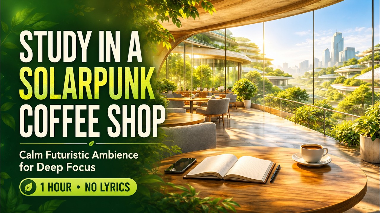 Study in a Solarpunk Coffee Shop | Calm Futuristic Ambience for Deep Focus (1 Hour)