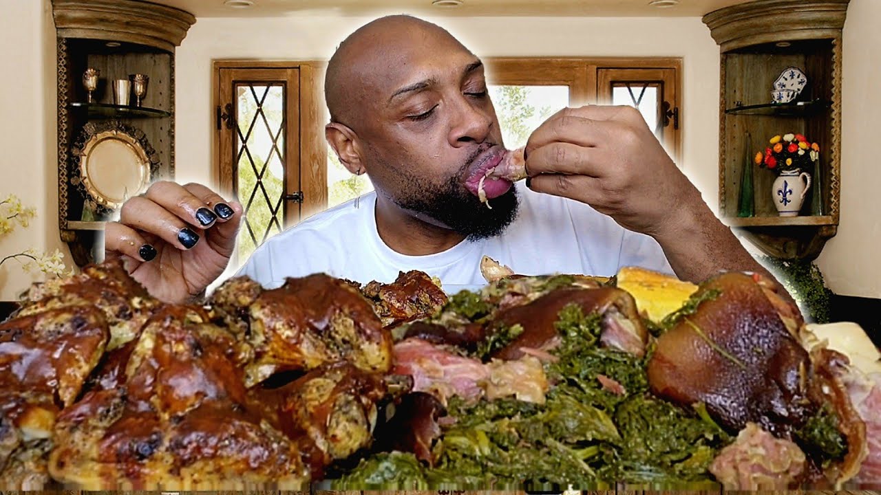 HAM HOCKS & MUSTARD GREENS SOULFOOD MUKBANG | BBQ CHICKEN WINGS