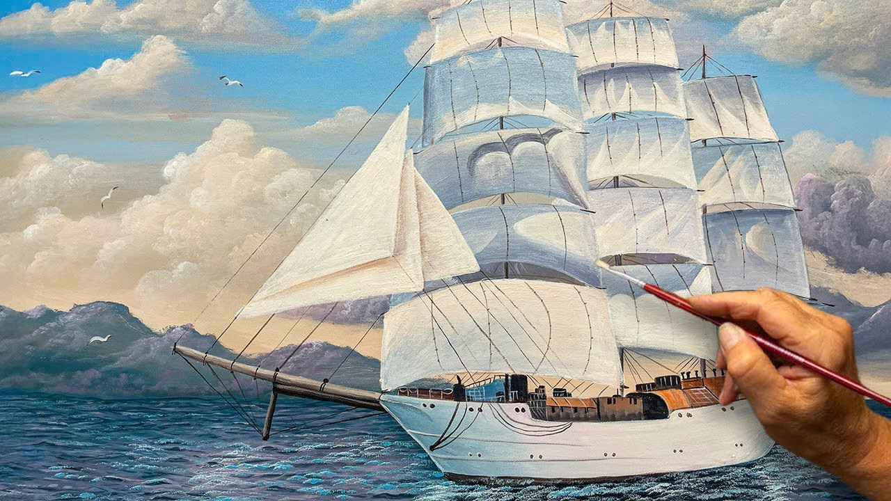 Learn to paint a seascape with a ship / Acrylic painting technique / Beautiful landscape painting