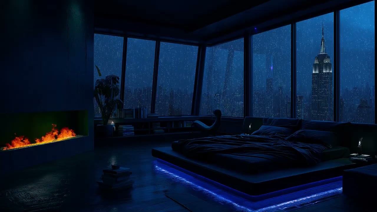 Rainy Night in a Luxury City Bedroom 🌃 | Deep Sleep Piano Music & Fireplace Ambience for Calm Mind
