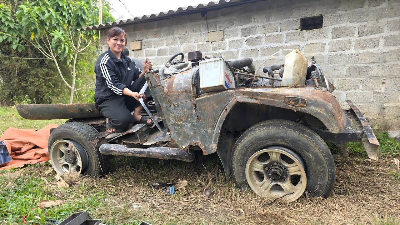 The girl repairs and restores old scrap cars for her neighbor.
