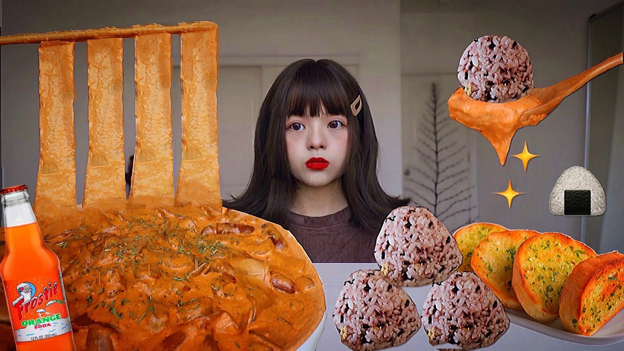 🧡☁️ROSE WIDE CHINESE GLASS NOODLES, PURPLE RICEBALLS, GARLIC CHEESE BREAD 로즈 고추장 면, 보라색 주먹밥 먹방