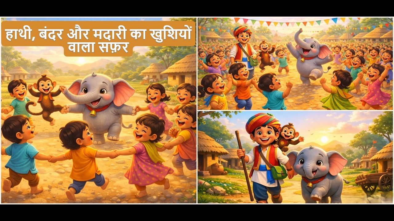हाथी, बंदर और मदारी का खुशियों वाला सफ़र | Happy Village Dance Rhyme for Kids Elephant Monkey Dance
