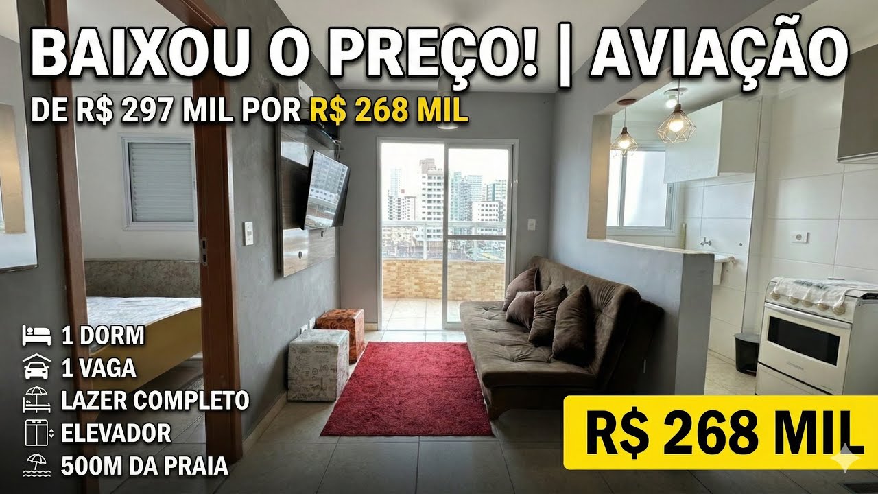 Apartamento 1 dormitório na Aviação em Praia Grande - R$ 268 Mil