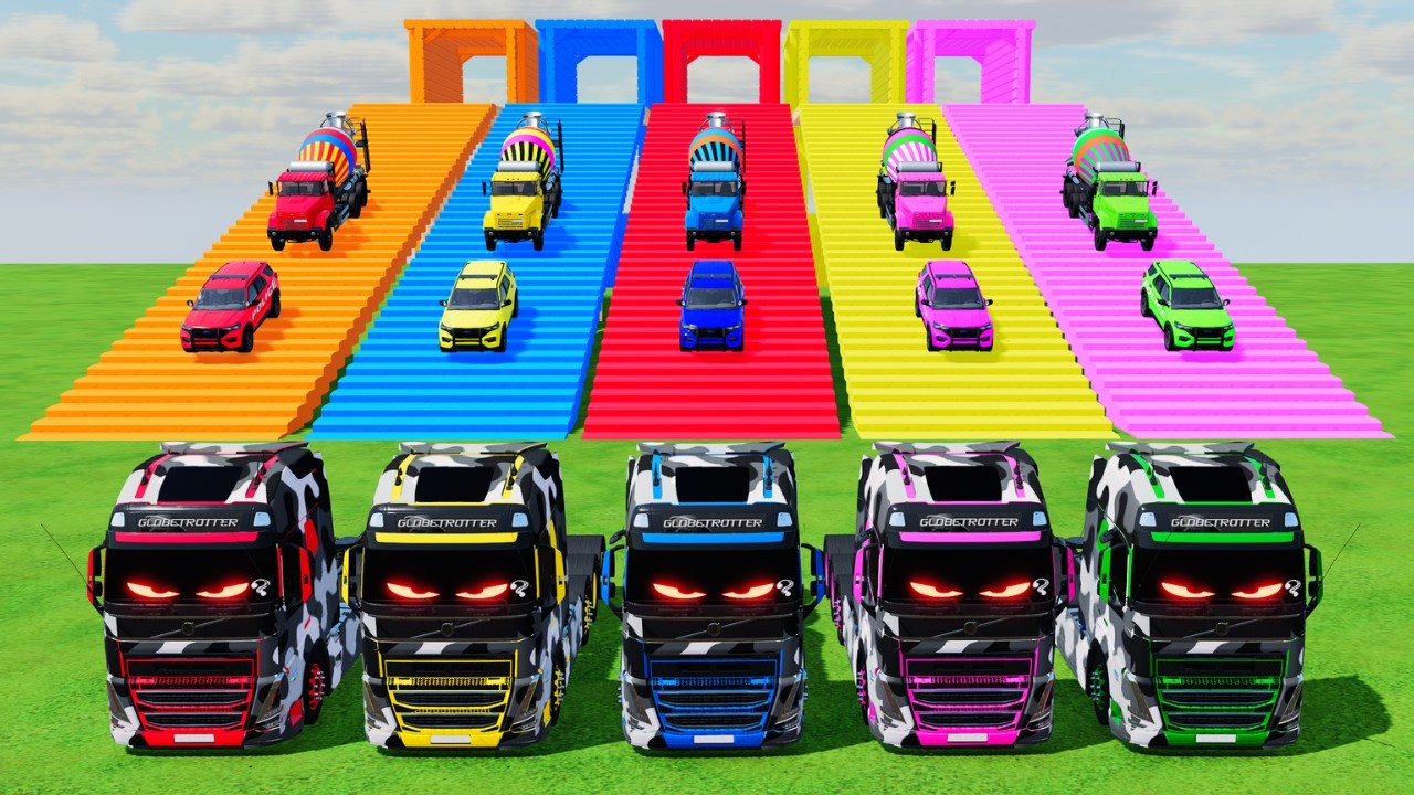 Garage with Colors - ALL MIXER TRUCK WITH DOUBLE FLATBED TRAILER TRUCK, DAF, VOLVO, FREIGHTLINER #58