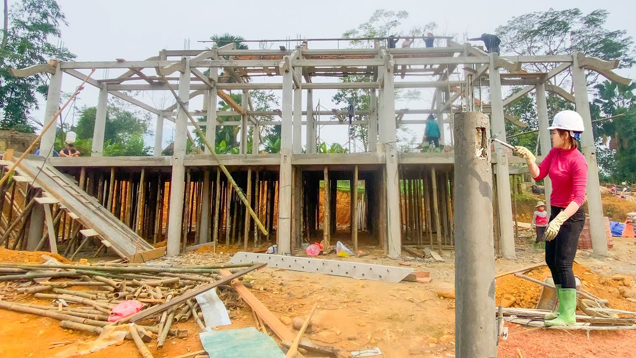 Concrete Stilt House Construction Process: Couring Concrete Floor, Completing The House Frame