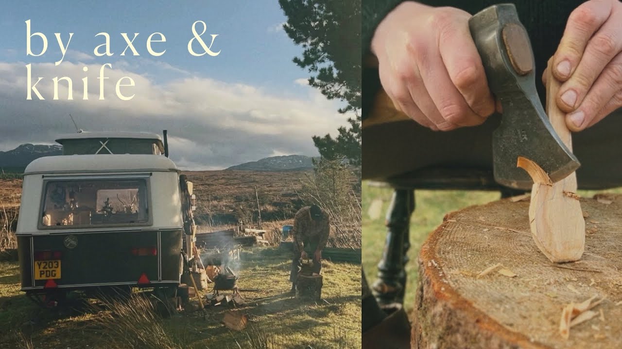 Spoon carving by the campfire, at our vintage caravan