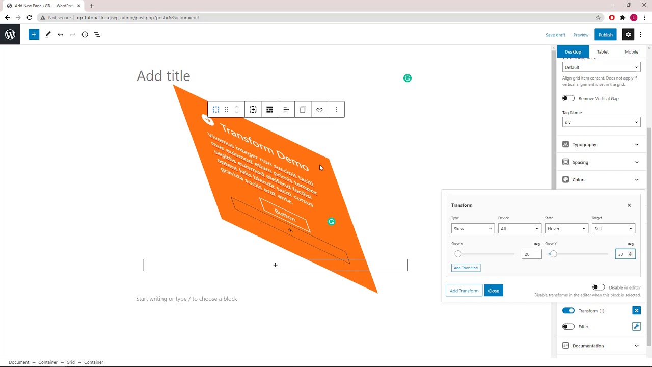 GenerateBlocks - Transform Effect Demonstration
