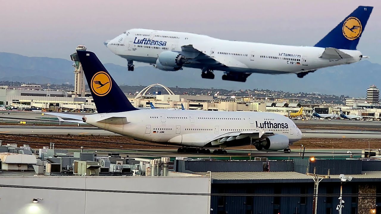 Lufthansa A380 and 747 at Los Angeles International Airport.#airplanespotting #laxplanespotting