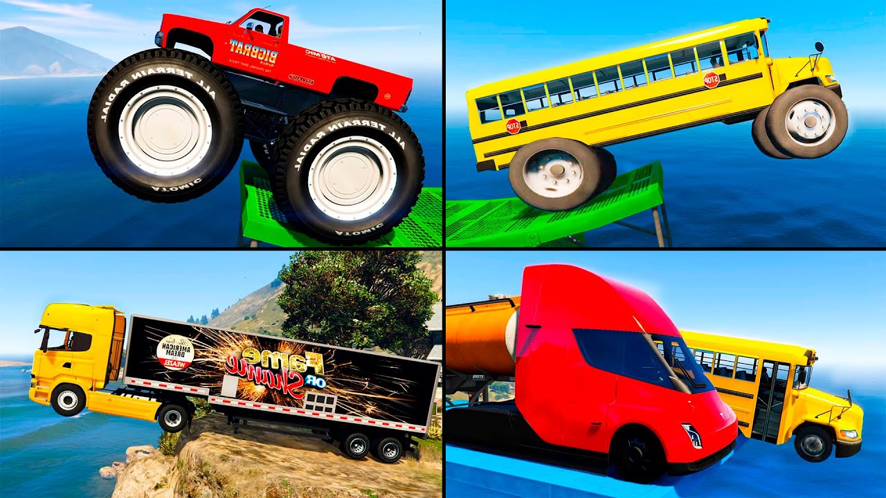 Trucks, Buses and Cars Jumping Into The Water - GTA 5 Mods Super Cars Compilation