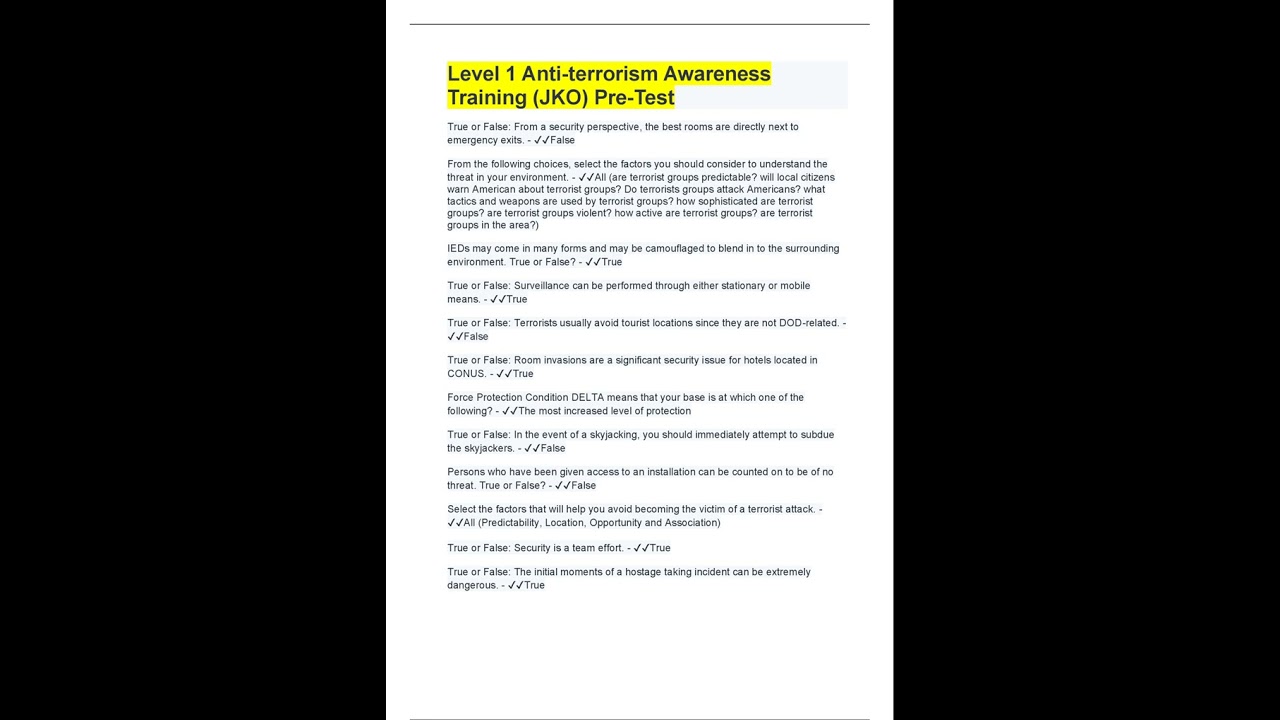 Level 1 Anti terrorism Awareness Training JKO Pre Test  100% Correct Answers