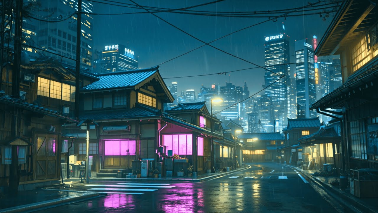 Cyberpunk Lofi Cityscape 🌧️ Night Rain Ambience