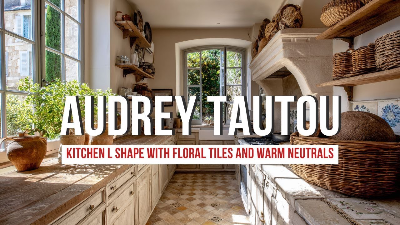 Audrey Tautou French Country Kitchen L Shape with Floral Tiles and Warm Neutrals