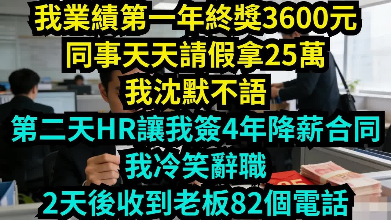我業績第一年終獎3600元，同事天天請假拿25萬，我沉默不語，第二天HR讓我簽4年降薪合同，我冷笑辭職，2天後收到老板82個電話【奇聞秘事】#奇聞#秘事#故事 #职场 #职场故事 #奖金 #降