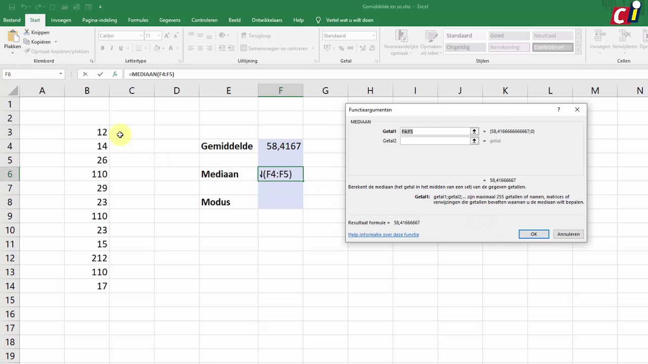 Excel - Gemiddelde, mediaan en modus
