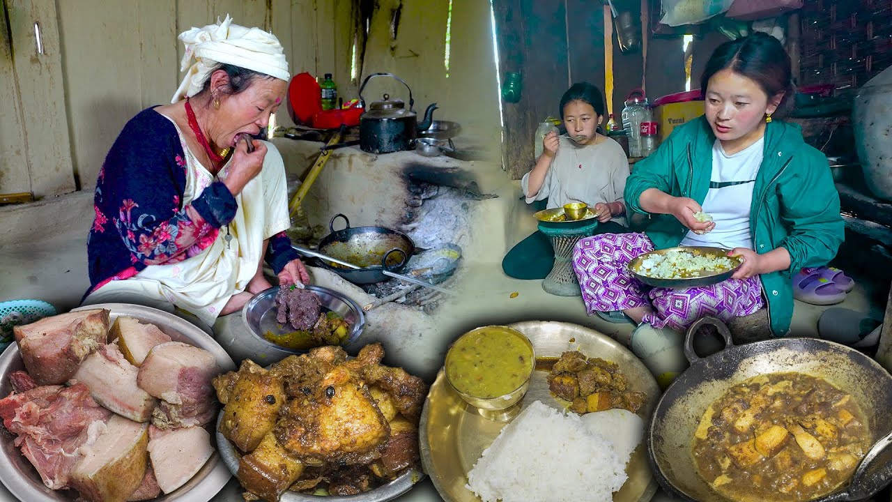 Pork Recipe with Rice | Village style pork cooking & eating in Village kitchen | Local Village food