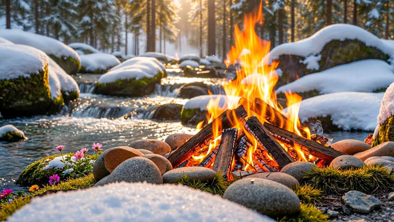 Tranquil River Retreat | Fireside Warmth and Flowing Water Sounds for Deep Relaxation ❄️🔥
