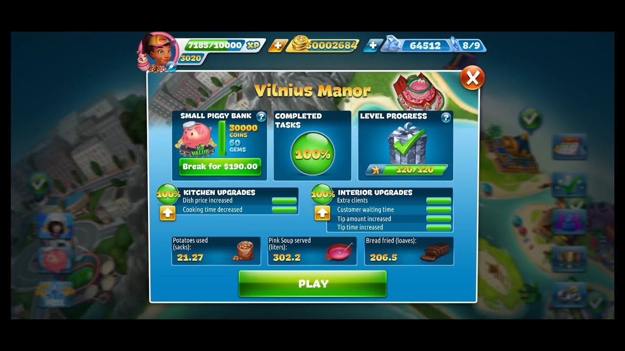 Cooking Fever- Vilnius Manor Level 1-40 (3 Stars) Fully Upgraded