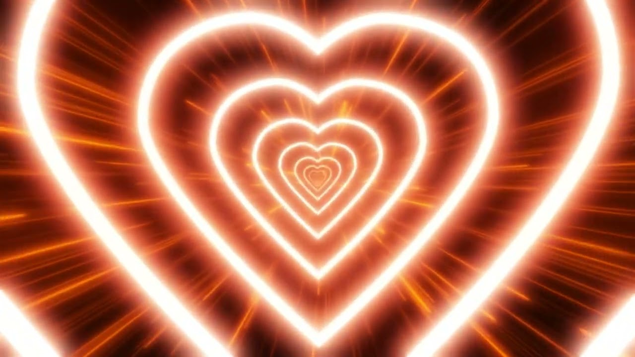 Neon Lights Love Orange Heart  Tunnel Background, Orange Color Heart Background