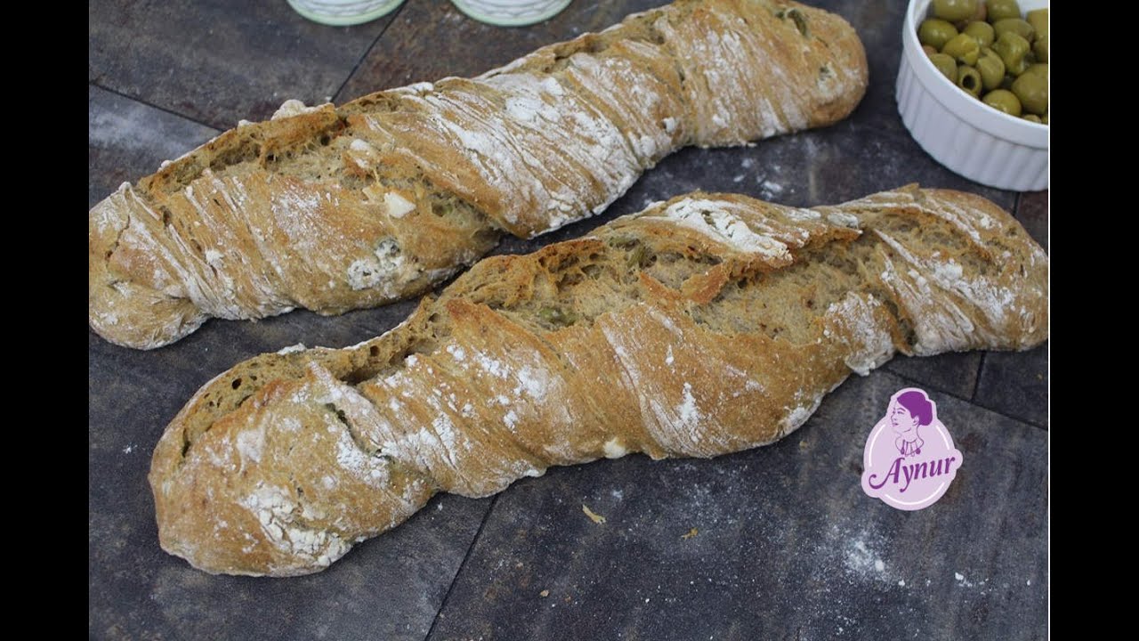 Übernacht Baguette mit grünen Oliven I Kein Teig kneten -einfach vermischen nächsten Tag backen