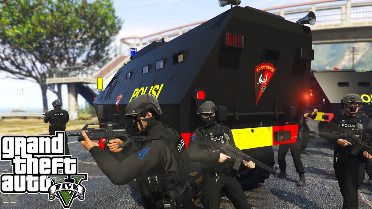 Patroli Pasukan Brimob Dicegat KKB Di Jalan Raya! GTA 5 Mod Polisi Indonesia