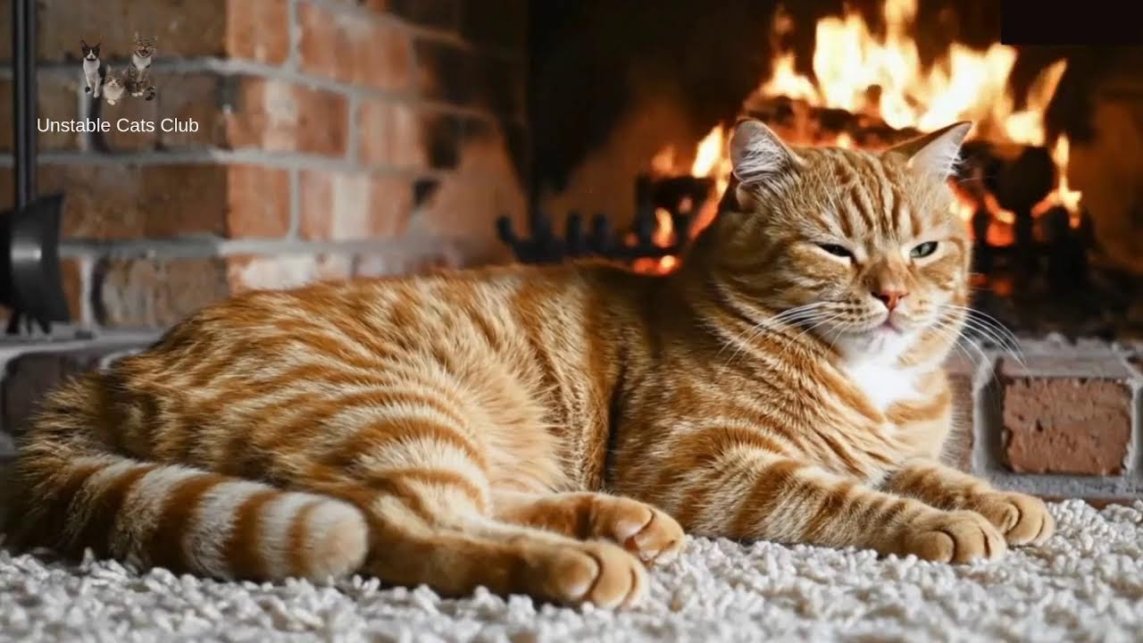 Cozzy Fireplace Cat Live - Leo the Yellow Cat Relaxing by the Fireplace.💜😽