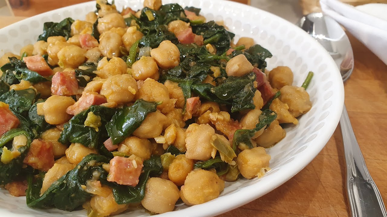 RECETA EN 10 MINUTOS - Garbanzos salteados con espinacas y jamón