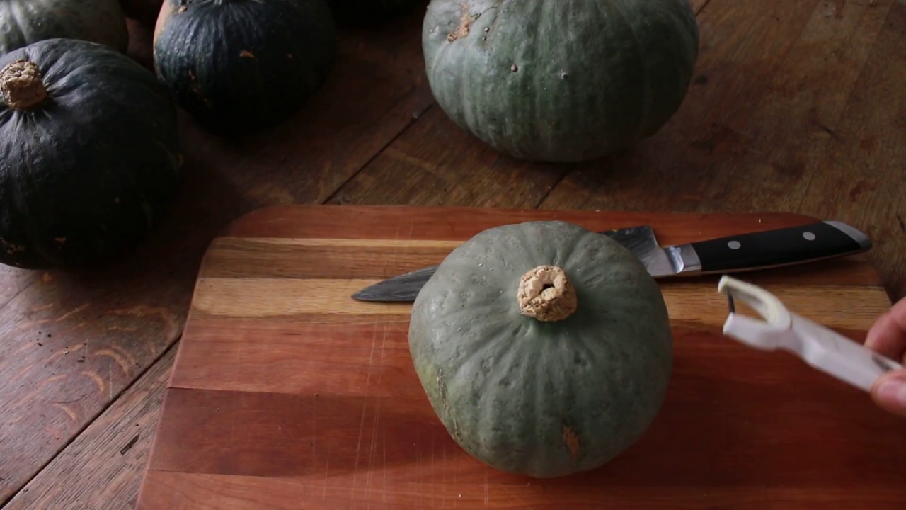 Trimming and peeling kabocha squash for sauteeing