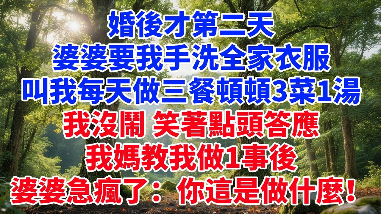 婚後才第二天，婆婆要我手洗全家衣服，叫我每天做三餐頓頓3菜1湯，我沒鬧 笑著點頭答應，我媽教我做1事後，婆婆急瘋了：你這是做什麼！#故事頻道#情感故事#家庭故事#婆媳